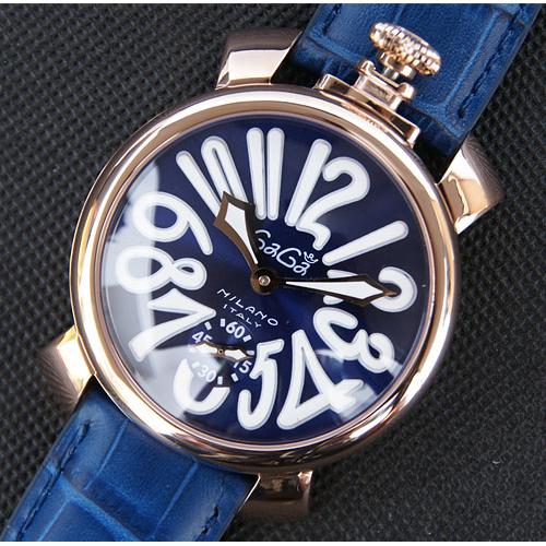 2014新款 gaga milano 18K玫瑰金手表 蓝色表带 白色数字 机械腕表