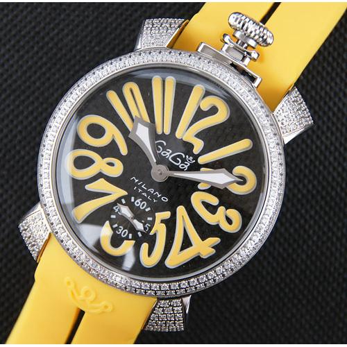 2014新款gaga嘎嘎 镶钻满钻 手动机械手表 黑色表盘 黄字 黄色表带